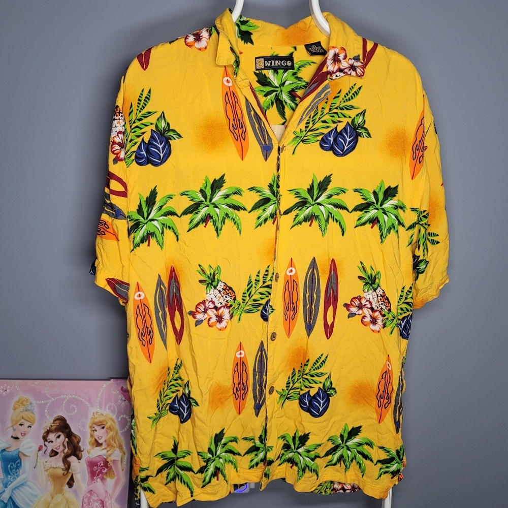 Vintage Wingo Hawaiian 100% Rayon Shirt-Surfboards, Palm Trees, Pineapples,Beach